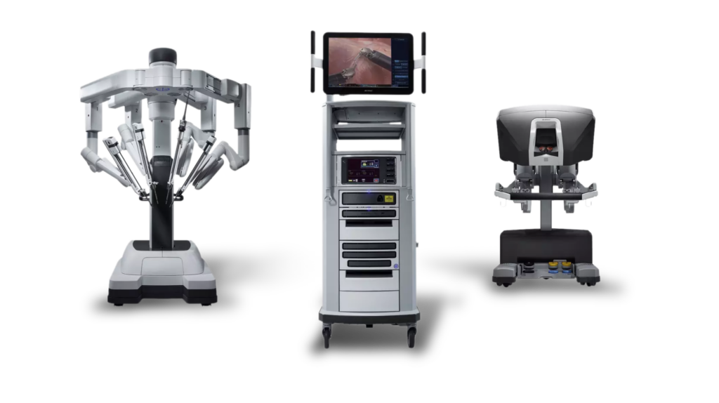 Fig 1. Da Vinci robotic platform. From left to right; patient cart with robotic arms, vision tower and surgeon's console.